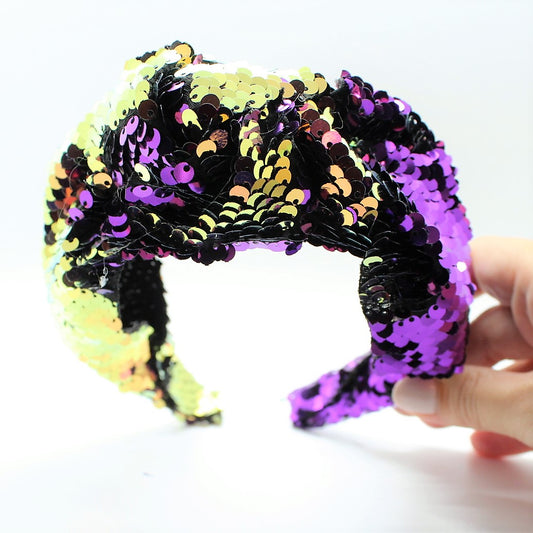 Sequin Mermaid Flip Up Gold and Purple knotted headband
