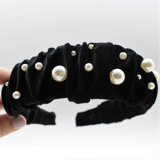 Glamorous Pearl Black Velvet Ruffle Headband