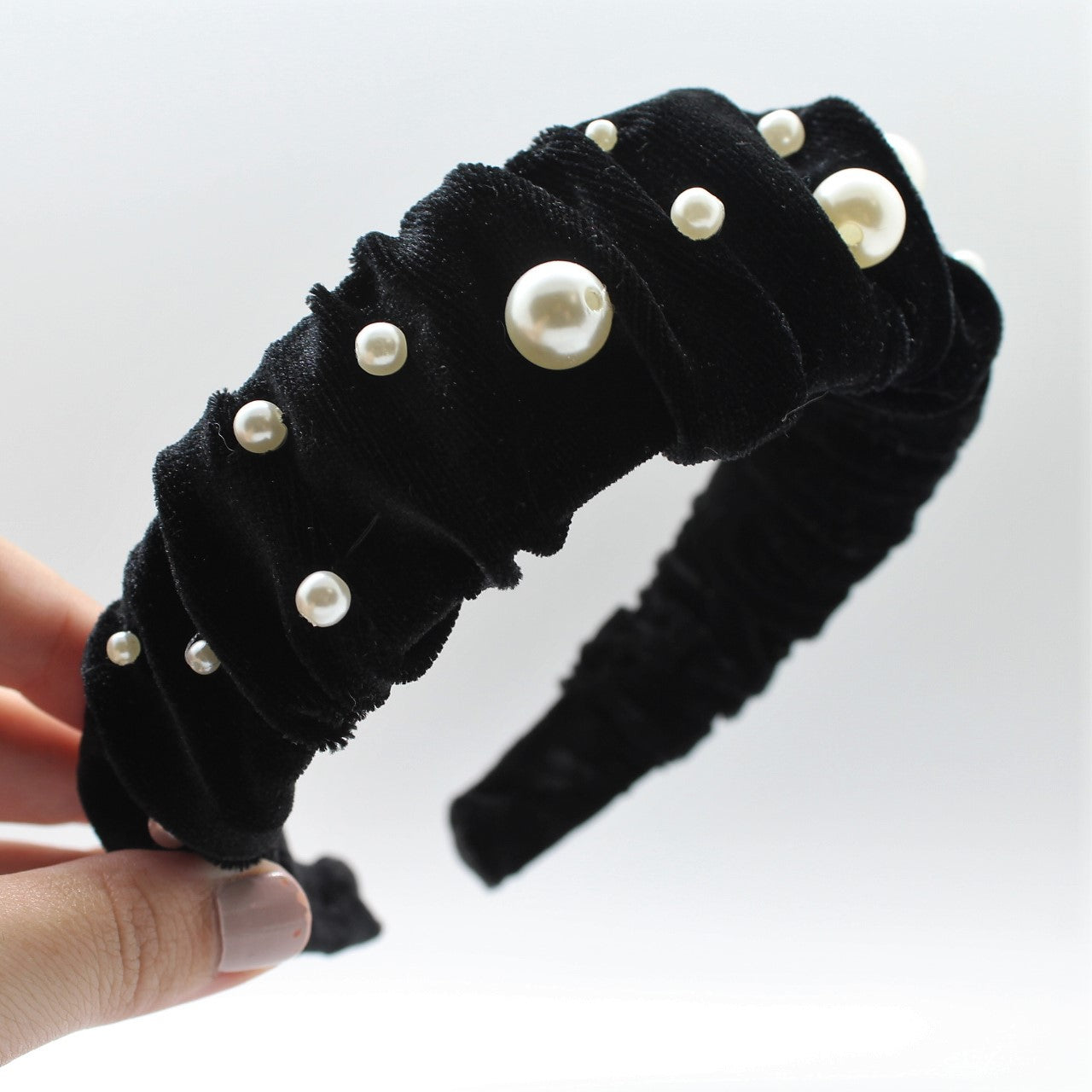 Glamorous Pearl Black Velvet Ruffle Headband