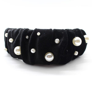 Glamorous Pearl Black Velvet Ruffle Headband