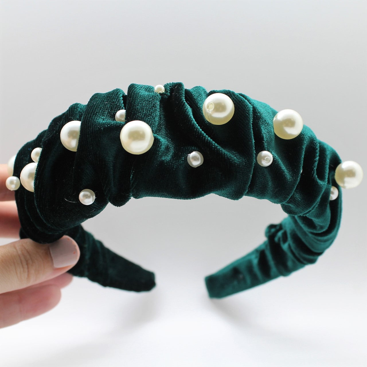 Glamorous Pearl Emerald Green Velvet Ruffle Headband