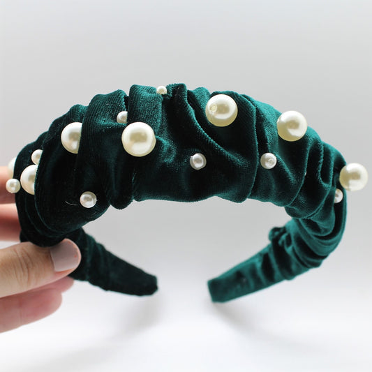 Glamorous Pearl Emerald Green Velvet Ruffle Headband