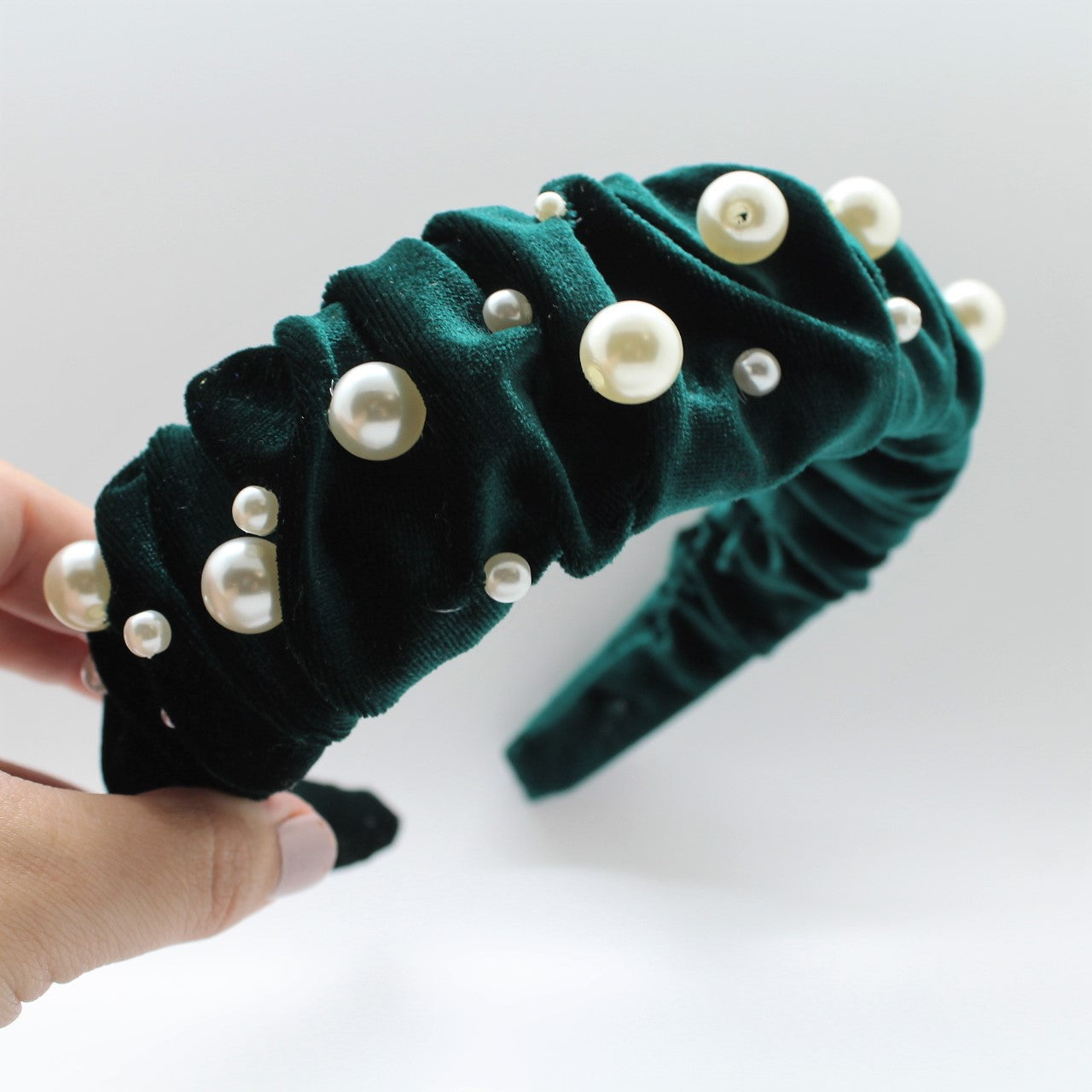 Glamorous Pearl Emerald Green Velvet Ruffle Headband