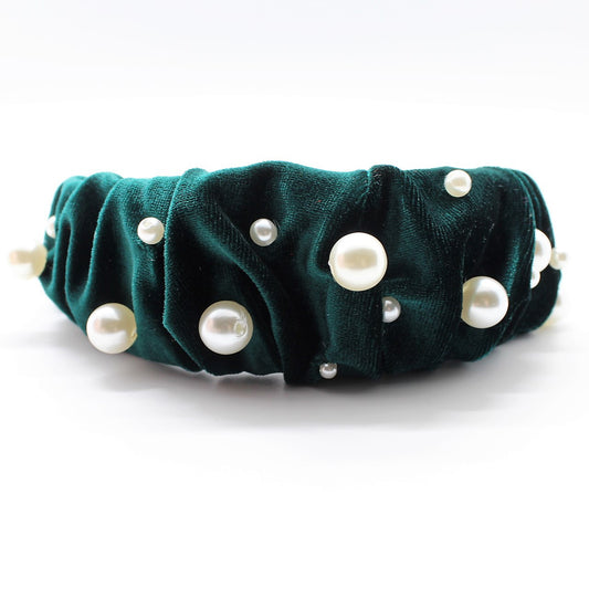 Glamorous Pearl Emerald Green Velvet Ruffle Headband