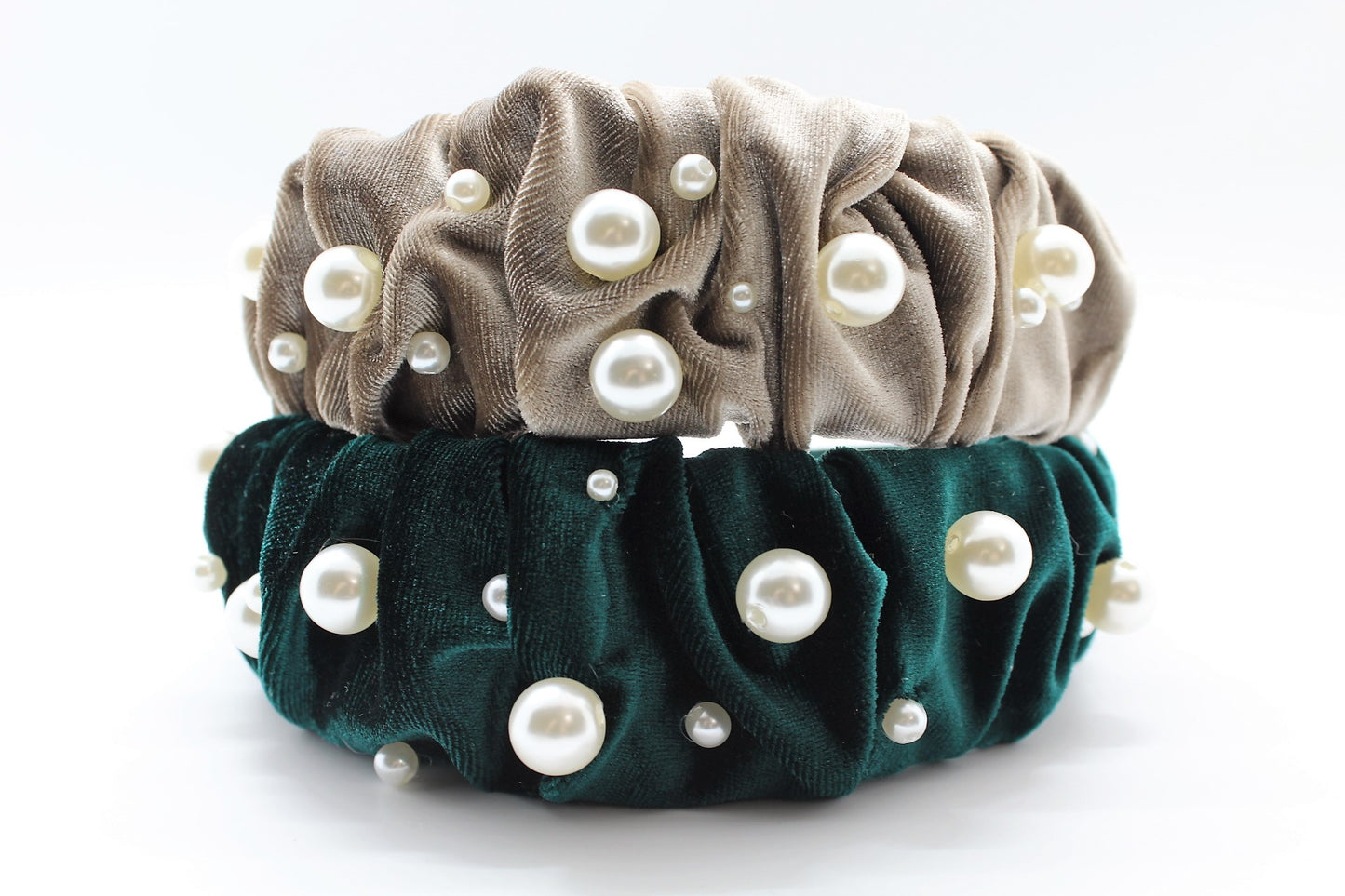 Glamorous Pearl Emerald Green Velvet Ruffle Headband
