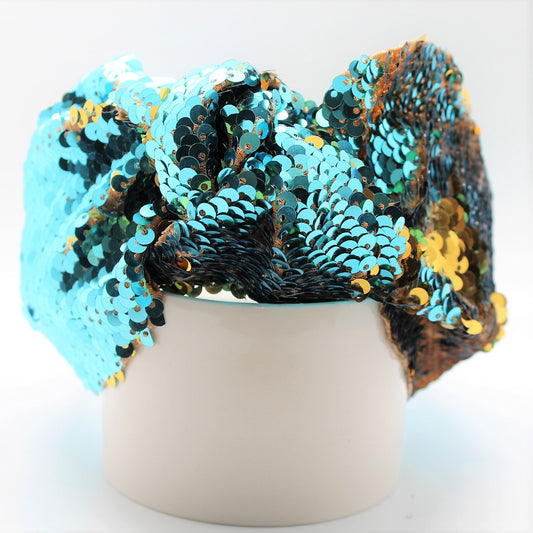 Sequin Mermaid Flip Up Gold and Cyan knotted headband