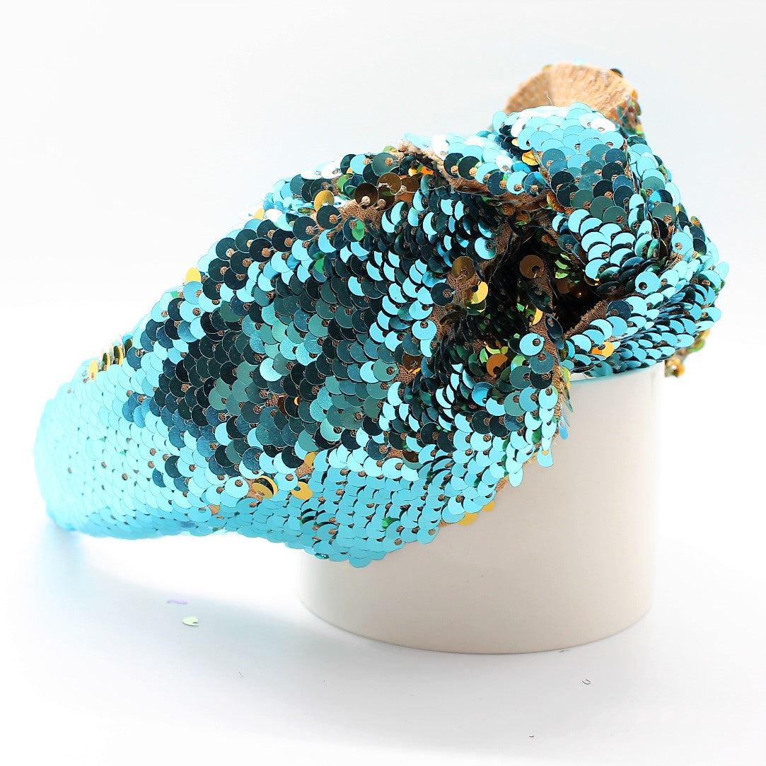 Sequin Mermaid Flip Up Gold and Cyan knotted headband