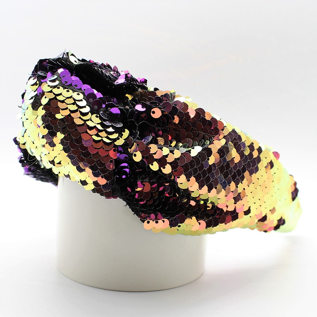 Sequin Mermaid Flip Up Gold and Purple knotted headband
