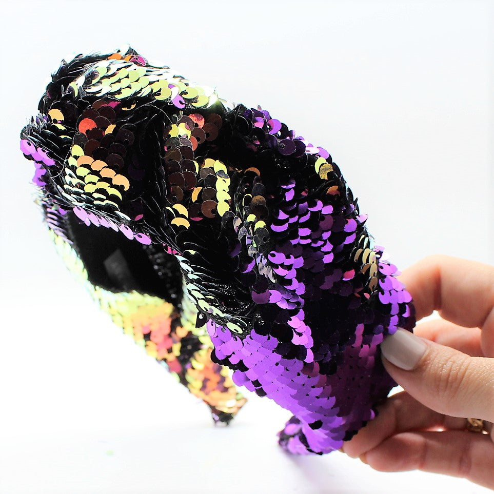 Sequin Mermaid Flip Up Gold and Purple knotted headband