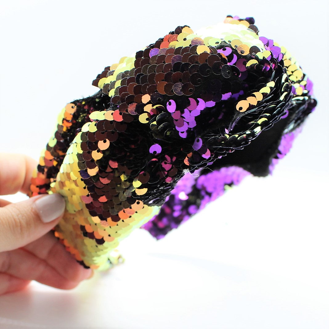 Sequin Mermaid Flip Up Gold and Purple knotted headband