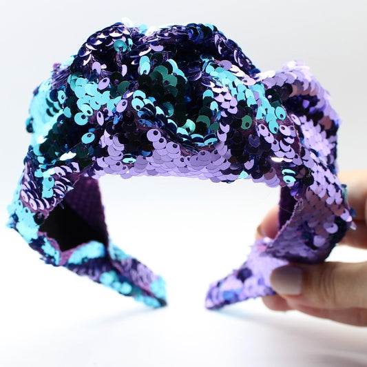 Sequin Mermaid Flip Up Purple and Cyan knotted headband