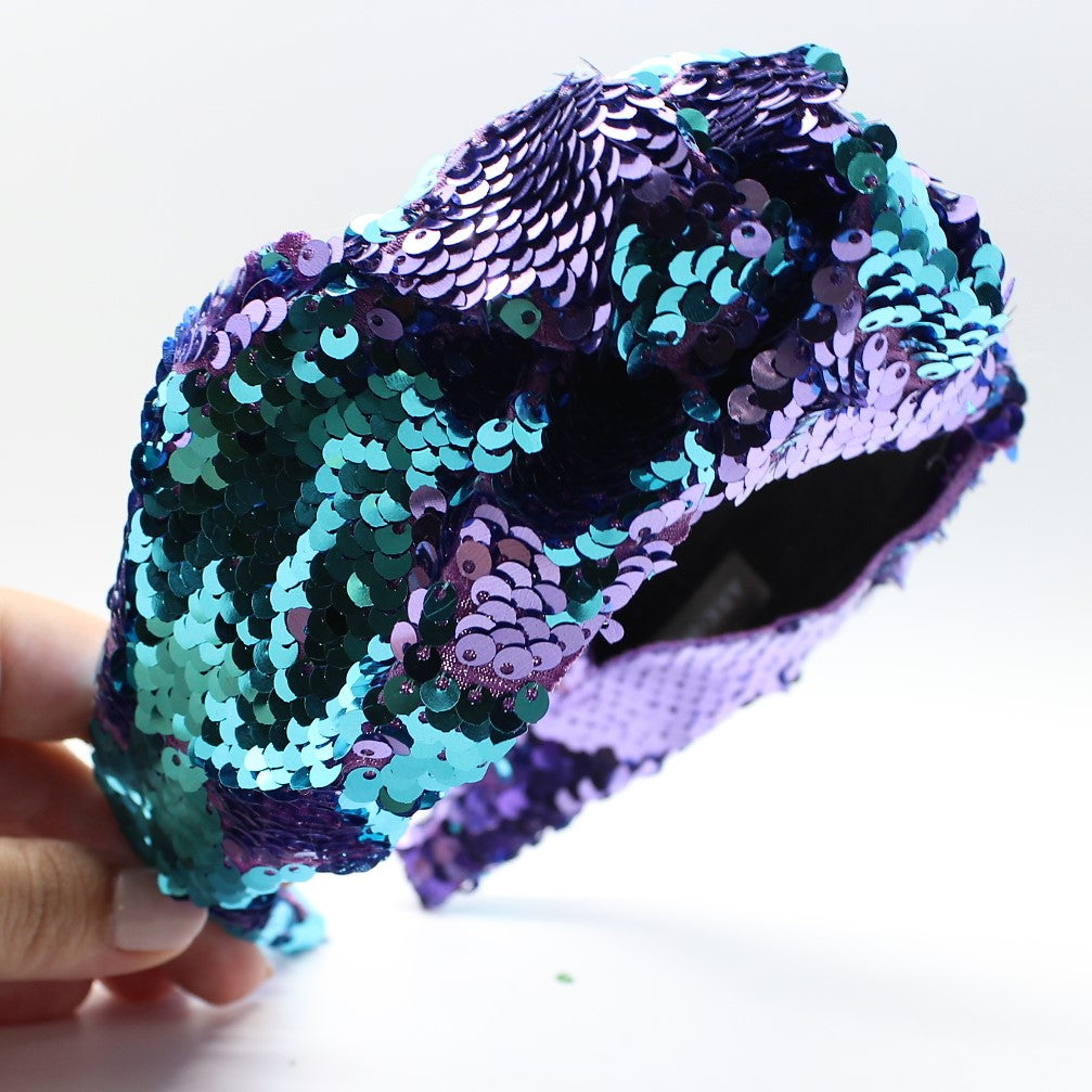 Sequin Mermaid Flip Up Purple and Cyan knotted headband