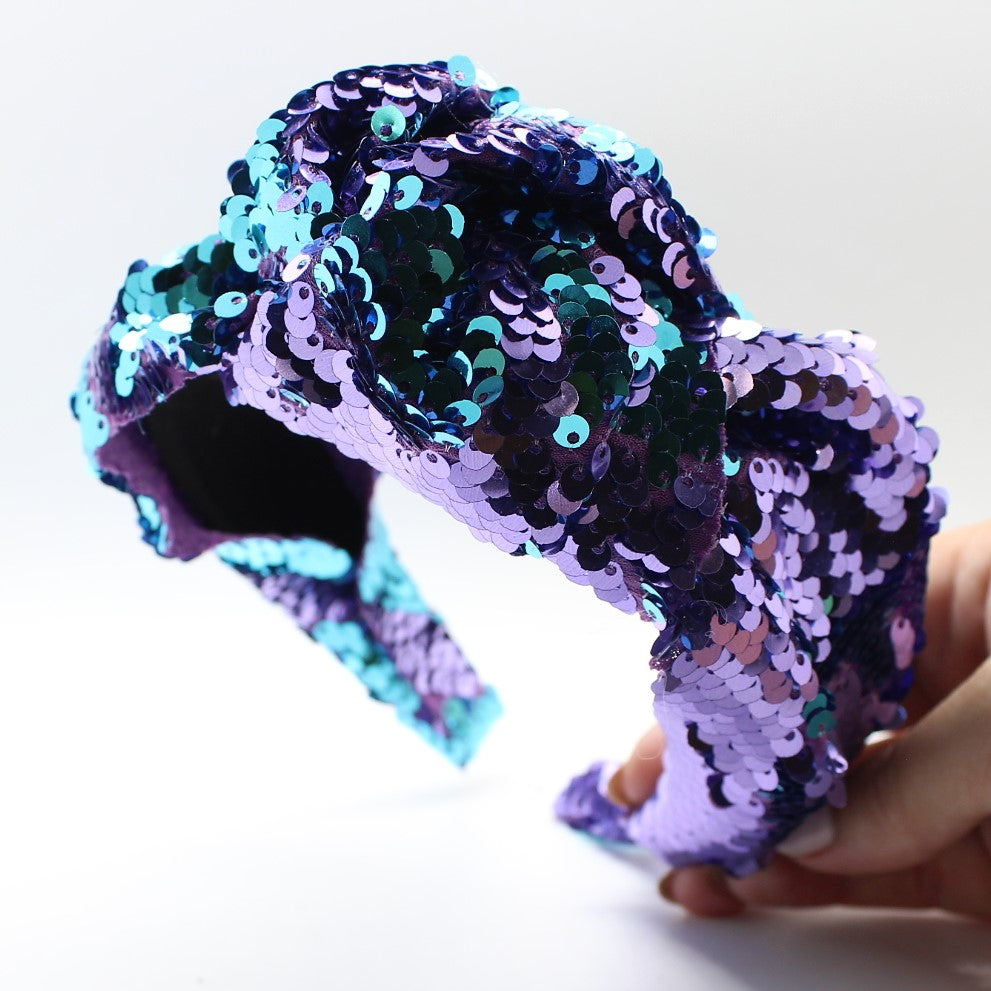Sequin Mermaid Flip Up Purple and Cyan knotted headband