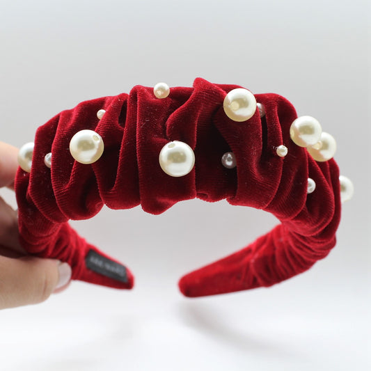 Glamorous Pearl Red Velvet Ruffle Headband