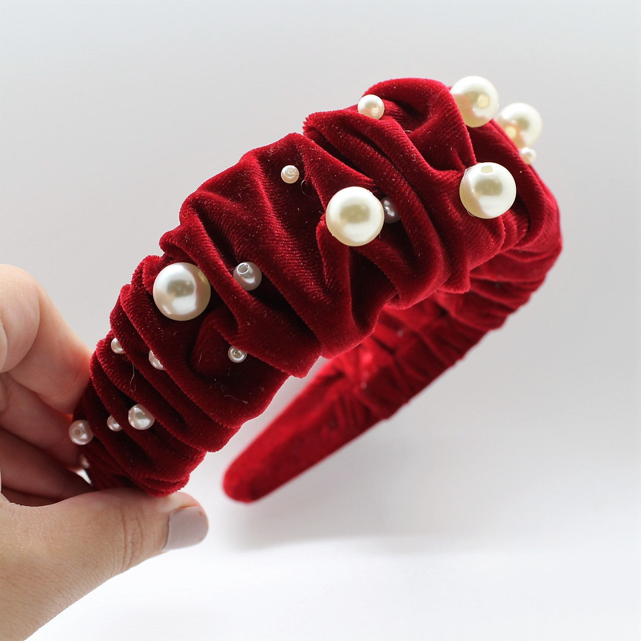 Glamorous Pearl Red Velvet Ruffle Headband