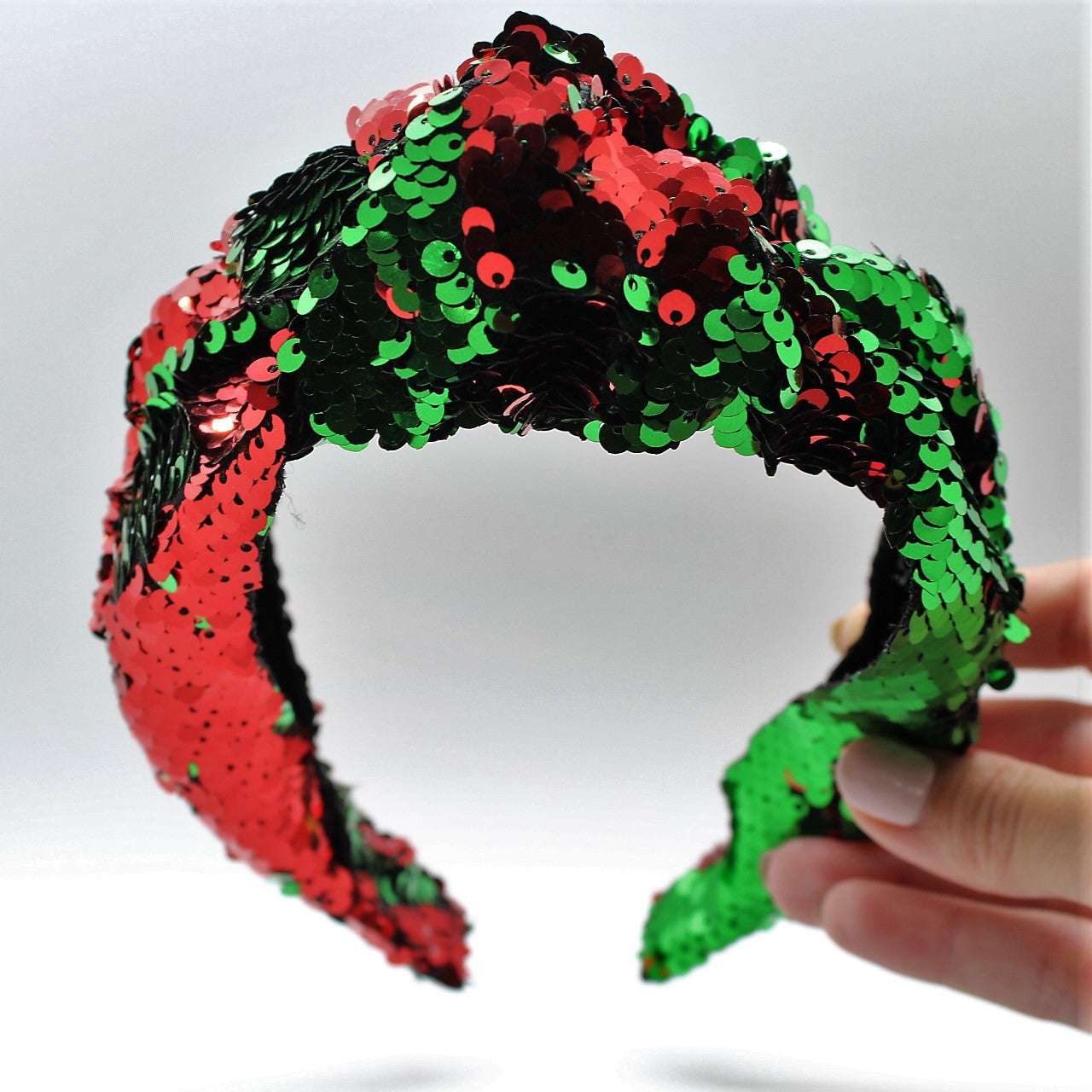 Sequin Mermaid Flip Up Green and Red knotted headband