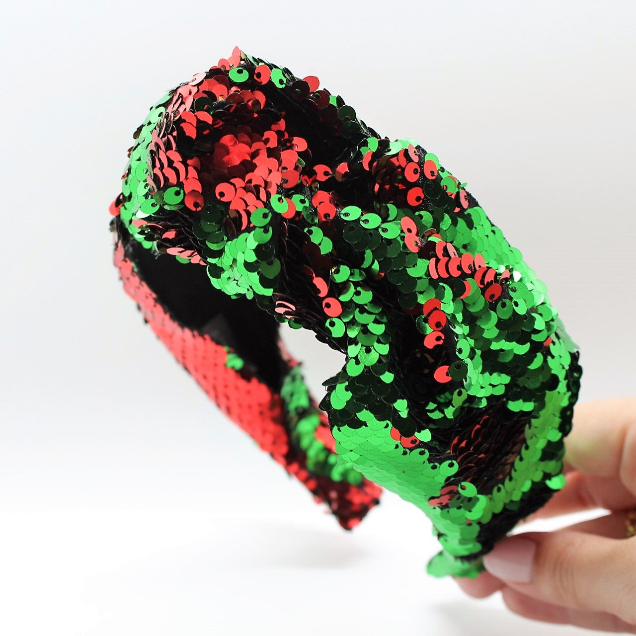 Sequin Mermaid Flip Up Green and Red knotted headband