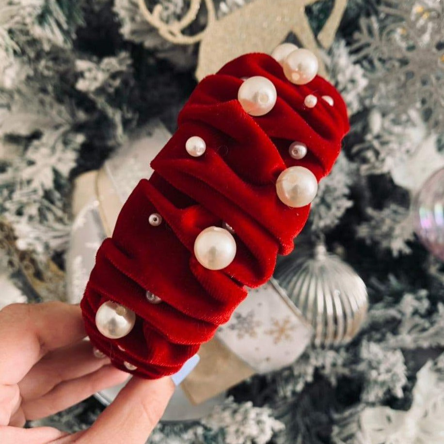 Glamorous Pearl Red Velvet Ruffle Headband