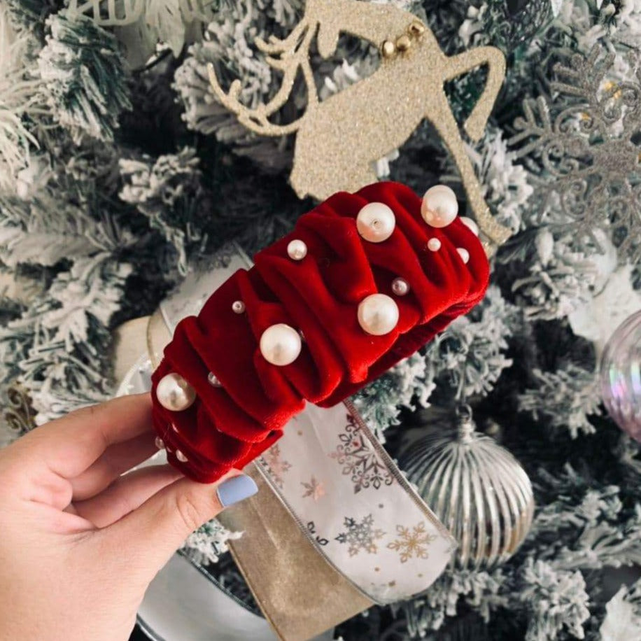 Glamorous Pearl Red Velvet Ruffle Headband