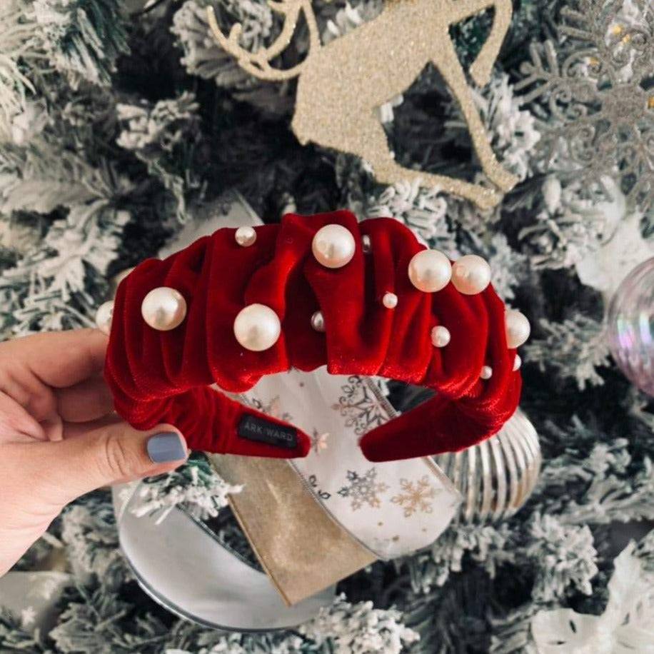 Glamorous Pearl Red Velvet Ruffle Headband