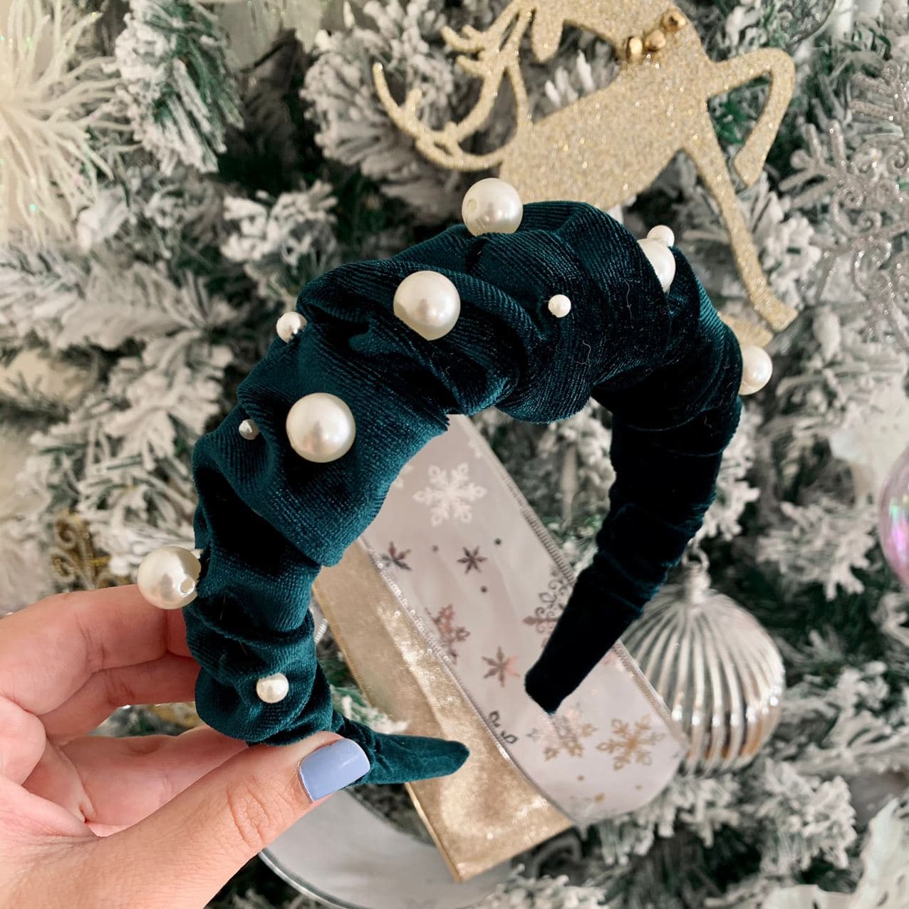 Glamorous Pearl Emerald Green Velvet Ruffle Headband