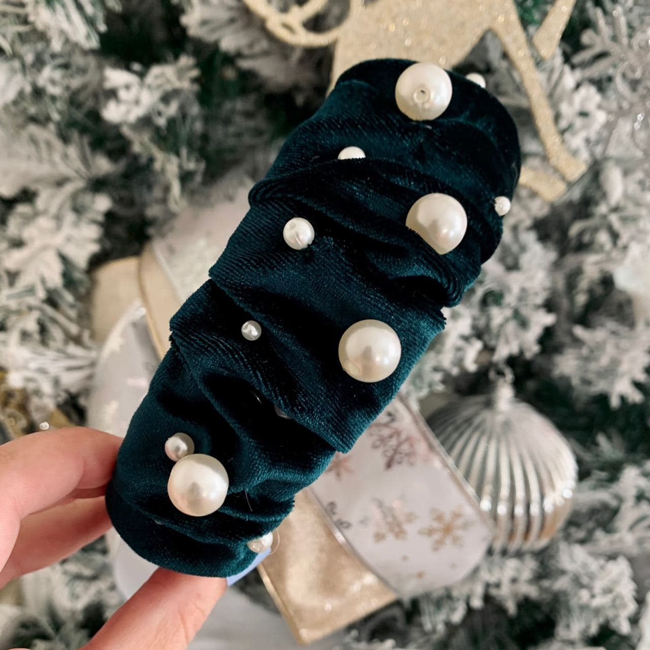 Glamorous Pearl Emerald Green Velvet Ruffle Headband