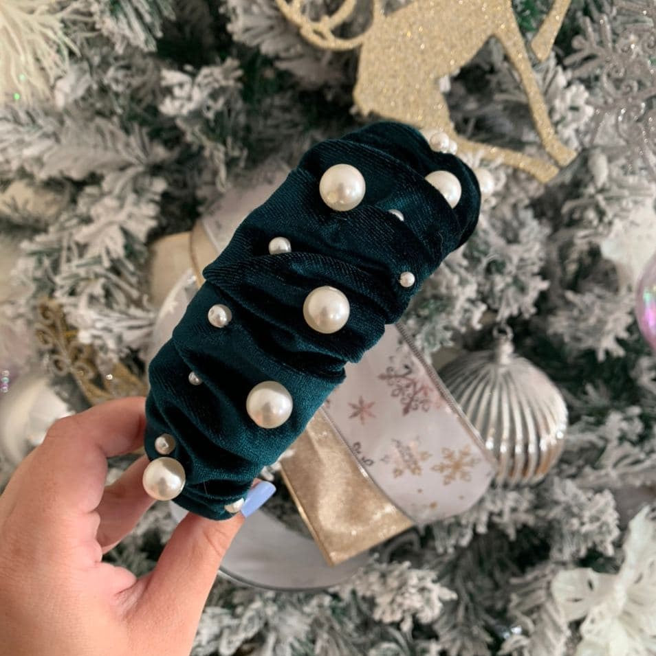 Glamorous Pearl Emerald Green Velvet Ruffle Headband